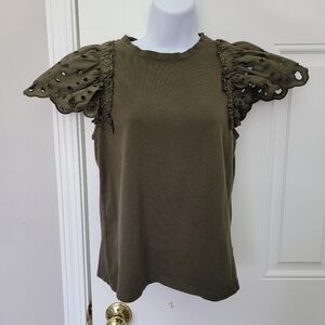 Express Olive Green Dramatic Eyelet Lace Flutter Sleeve Blouse Size Small